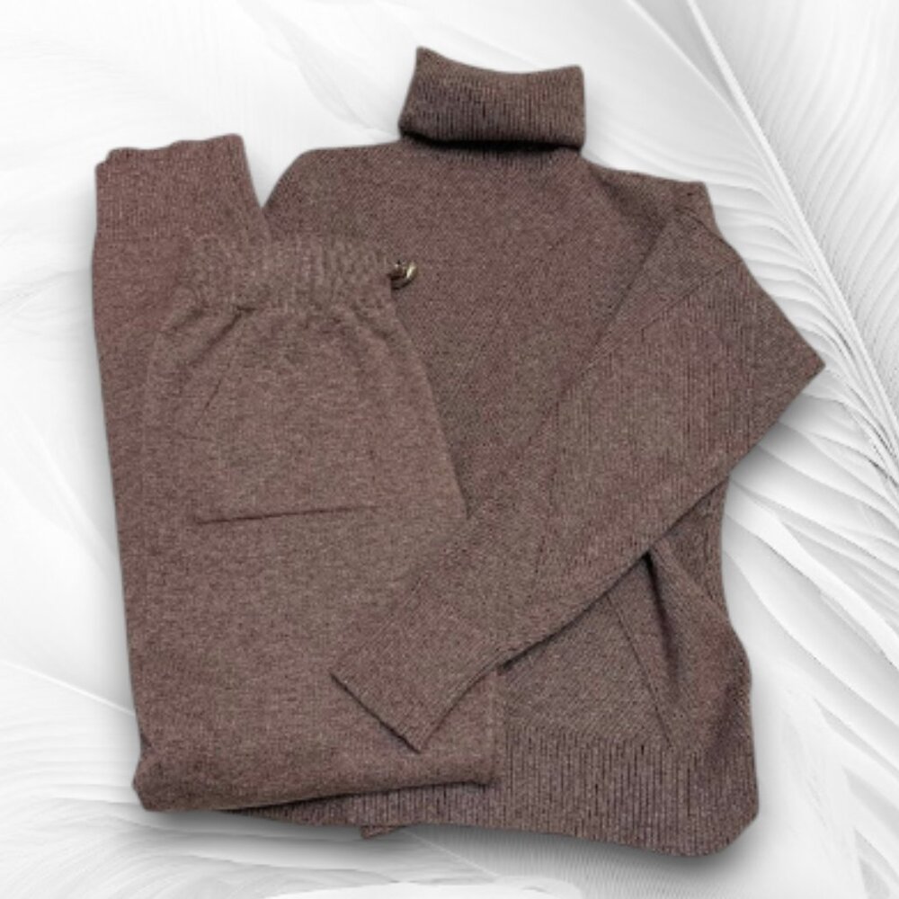 Cozy Knit Lounge Set Turtleneck Sweater & Jogger Pants Mauve Minimal Chic - Picture 2 of 6